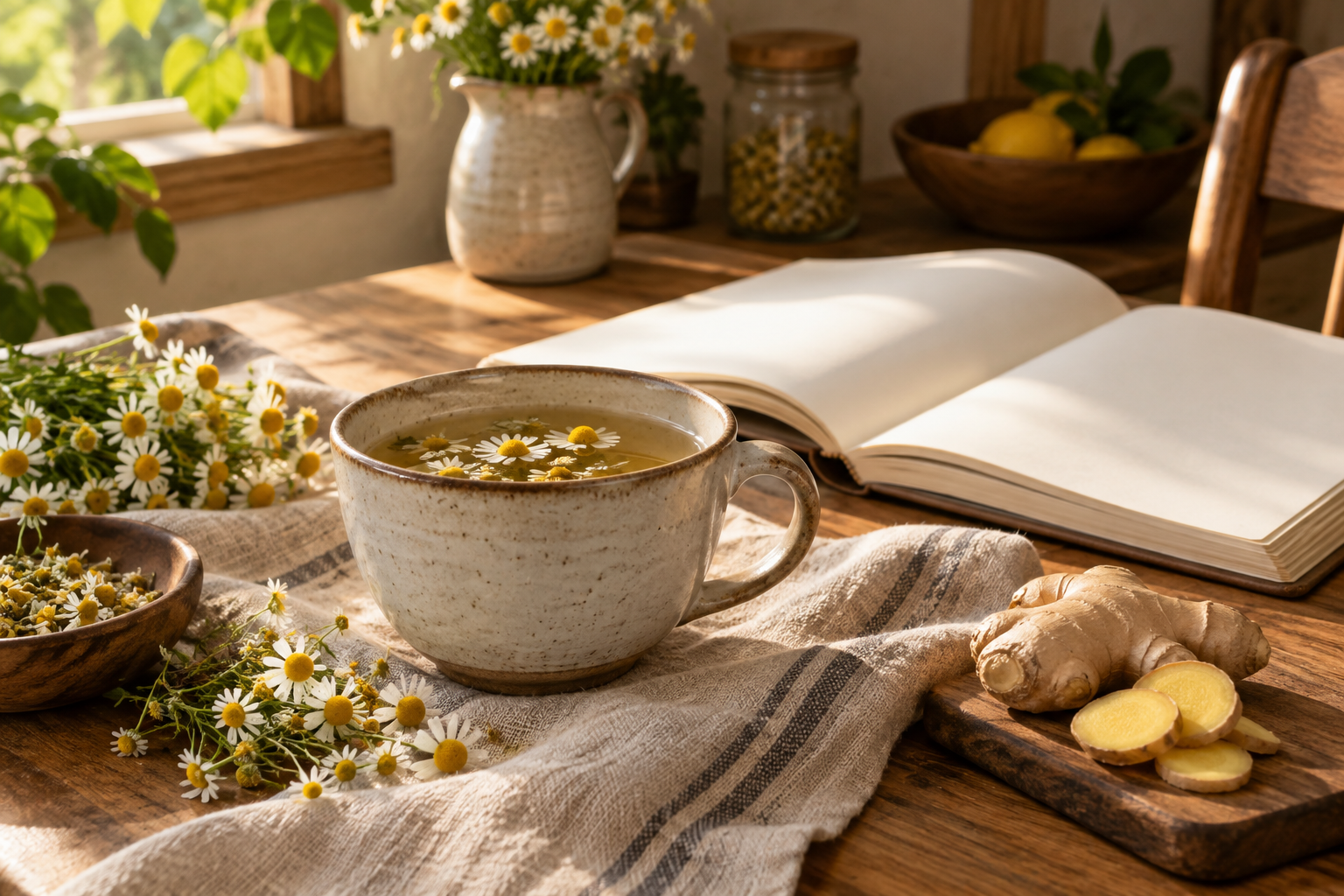Una taza de infusión, flores de manzanilla, jengibre y un libro abierto sobre una mesa de madera